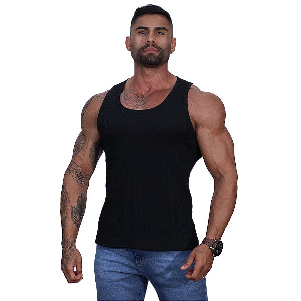 Regata Malha Canelada Masculina Modelo Americano MXD Conceito Cores Básicas Preto