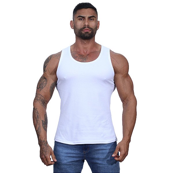 Regata Malha Canelada Masculina Modelo Americano MXD Conceito Cores Básicas Branco