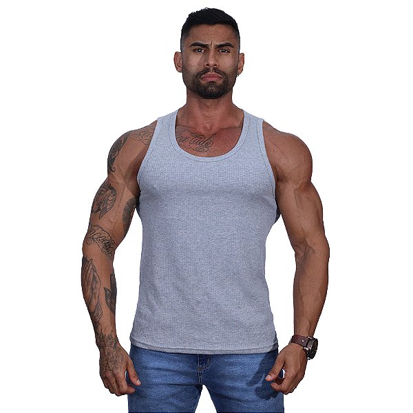 Regata Malha Canelada Masculina Modelo Americano MXD Conceito Cores Básicas Cinza