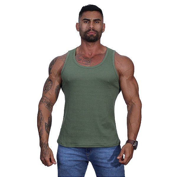 Regata Malha Canelada Masculina Modelo Americano MXD Conceito Cores Básicas Verde Militar