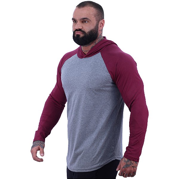 Camiseta Manga Longa Longline Com Touca Raglan MXD Conceito Vermelho e Cinza