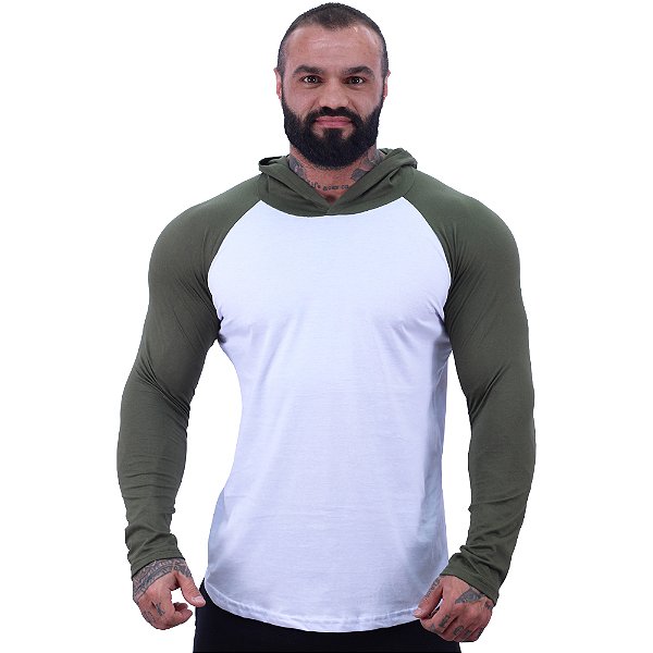 Camiseta Manga Longa Longline Com Touca Raglan MXD Conceito Verde Militar e Branco