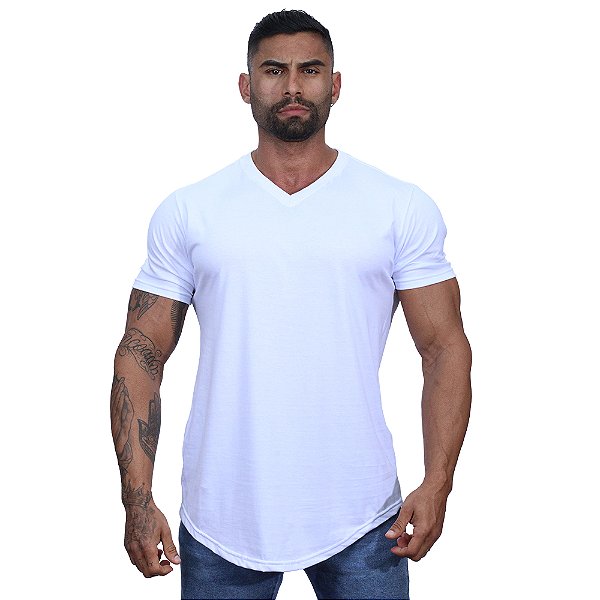 Camiseta Longline Decote V Masculina MXD Conceito 100% Algodão 30.1 Penteado PIMA-USA Branco
