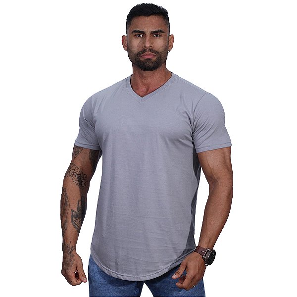Camiseta Longline Decote V Masculina MXD Conceito 100% Algodão 30.1 Penteado PIMA-USA Cinza Urbano