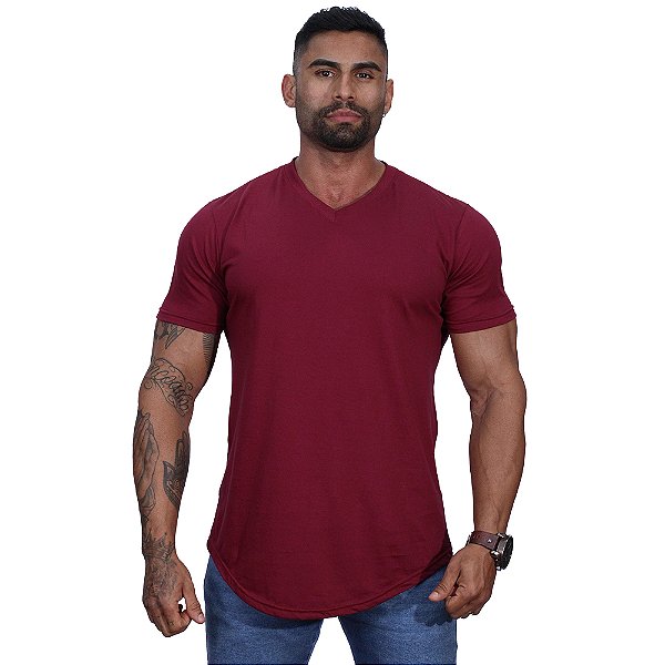 Camiseta Longline Decote V Masculina MXD Conceito 100% Algodão 30.1 Penteado PIMA-USA Vermelho