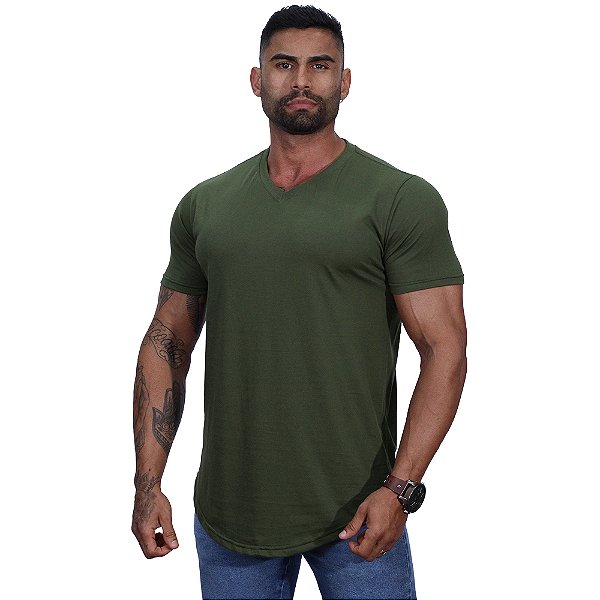 Camiseta Longline Decote V Masculina MXD Conceito 100% Algodão 30.1 Penteado PIMA-USA Verde Militar