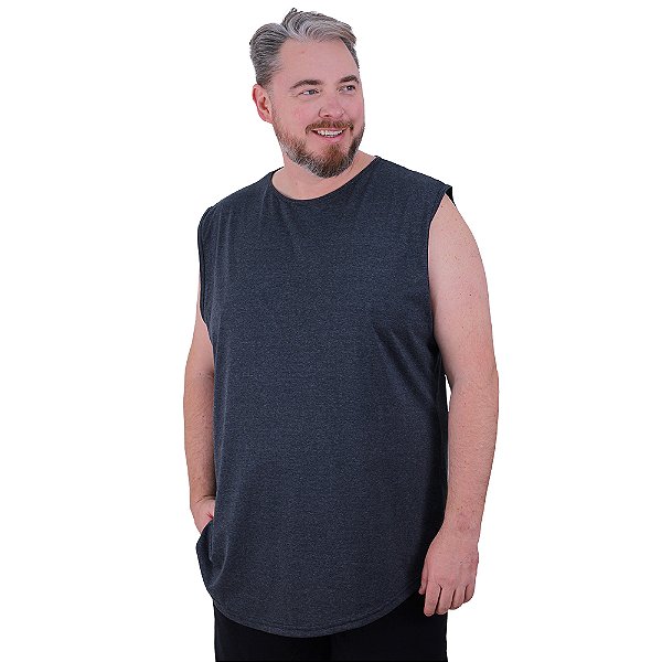 Regata Machão Longline Sem Manga Plus Size MXD Conceito 50% Algodão 50% Poliéster Mescla Preto