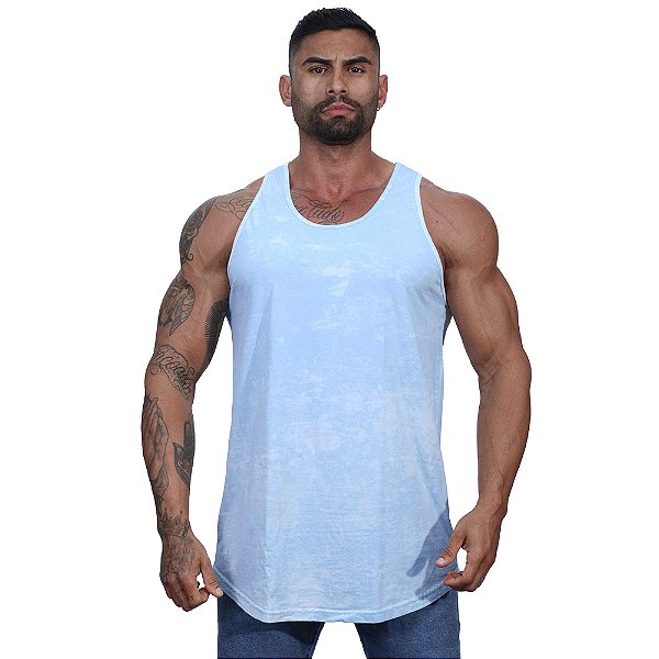 Regata Longline 100% Algodão Masculina MXD Conceito Lavado Estonado em Rolo Azul Claro