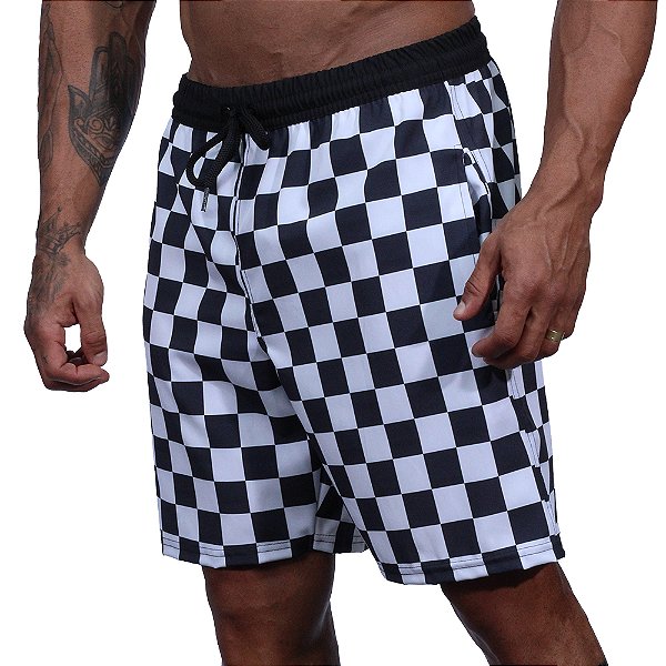Bermuda em Tactel com Elastano Masculino MXD Conceito 3 Bolsos Xadrez Preto e Branco