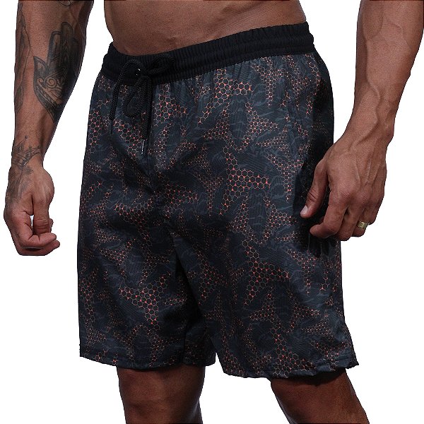 Bermuda em Tactel com Elastano Masculino MXD Conceito 3 Bolsos Azul Escuro Com Formas Laranja