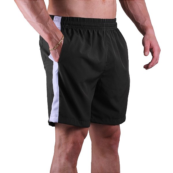 Short Tactel Listrado Elastic Masculino MXD Conceito 3 Bolsos Verde Militar Com Listra Branca