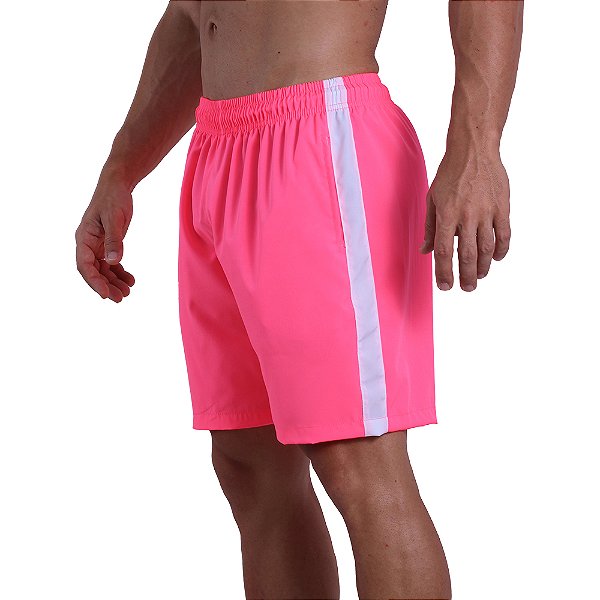 Short Tactel Listrado Elastic Masculino MXD Conceito 3 Bolsos Rosa Fluorescente Neon Com Listra Branca