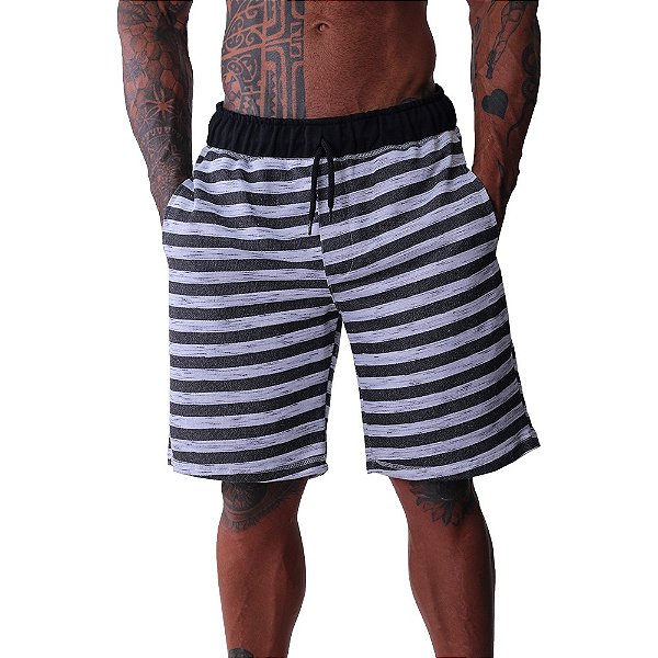 Bermuda Moletom MXD Conceito Branco Listradas Cinzas