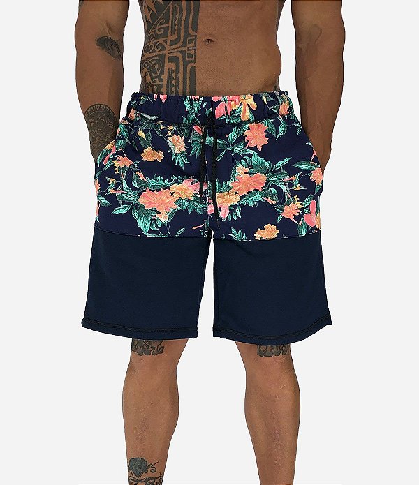 Bermuda Moletom MXD Conceito Bicolor Floral Marinho