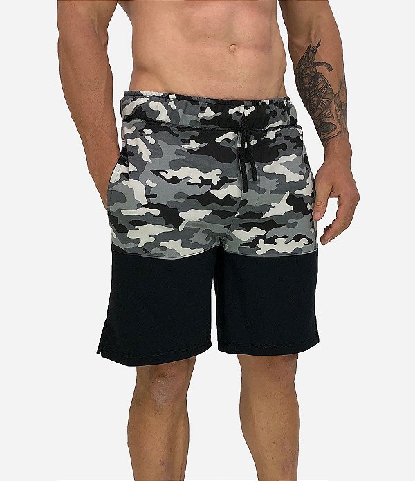Bermuda Moletom MXD Conceito Bicolor Camuflado Cinza e Preto