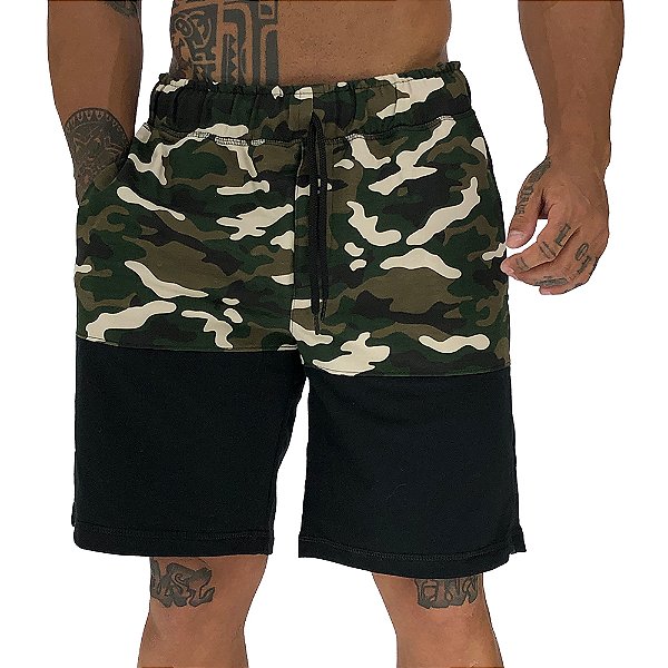 Bermuda Moletom MXD Conceito Bicolor Camuflado Verde e Preto