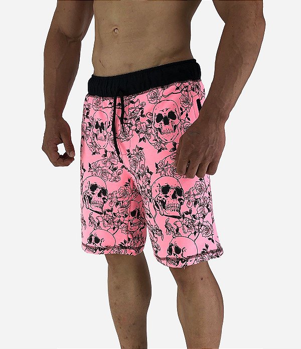 Bermuda Moletom MXD Conceito Caveira e Flores Rosa