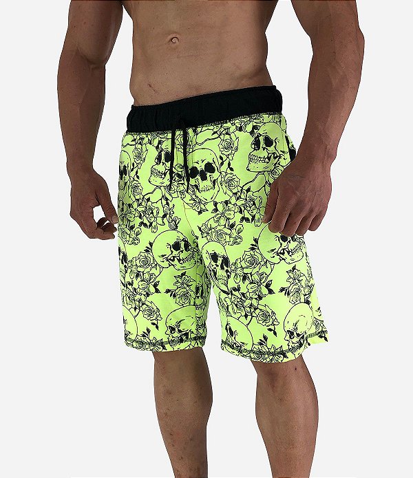 Bermuda Moletom MXD Conceito Caveira e Flores Amarelo Flúor
