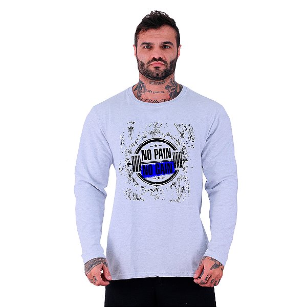 Camiseta Manga Longa Moletinho MXD Conceito No Pain No Gain Halteres