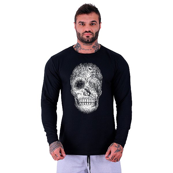 Camiseta Manga Longa Moletinho MXD Conceito Forest Skull Caveira Floresta