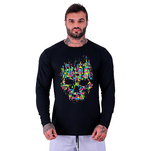 Camiseta Manga Longa Moletinho MXD Conceito Caveira Abstrata Color