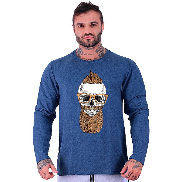 Camiseta Manga Longa Moletinho MXD Conceito Caveira De Moicano Skull