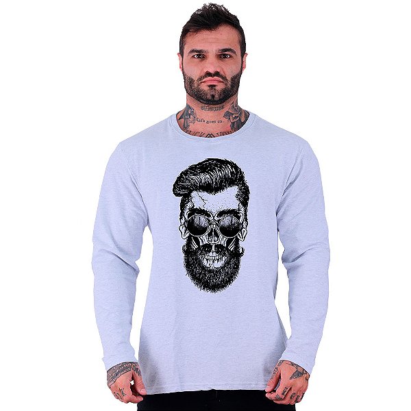 Camiseta Manga Longa Moletinho MXD Conceito Caveira Hipster Estilo Raro