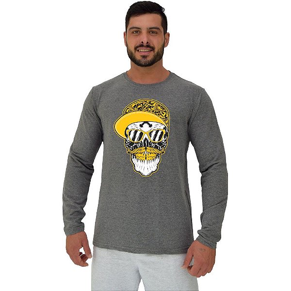Camiseta Manga Longa Moletinho MXD Conceito Big Smile Skull Óculos Escuro