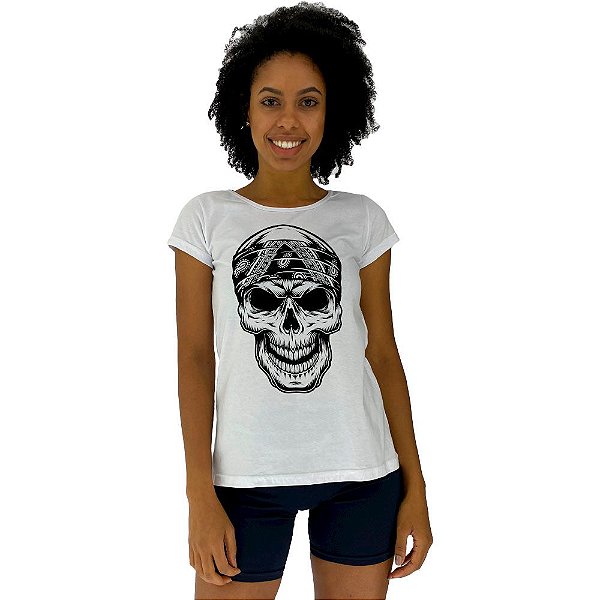 Camiseta Babylook Feminina MXD Conceito Caveira Motoqueira