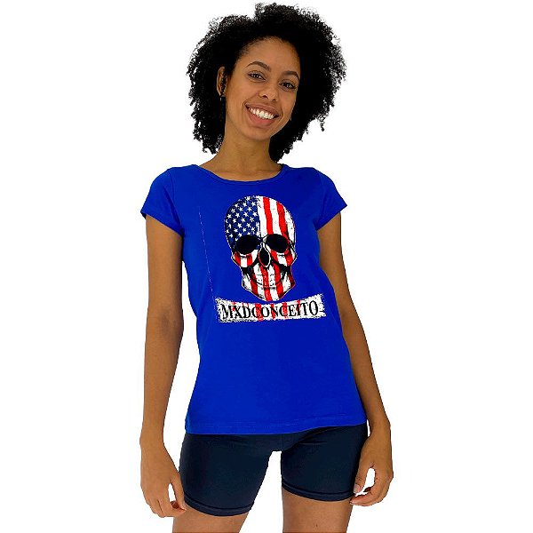 Camiseta Babylook Feminina MXD Conceito Caveira Patriota Americano