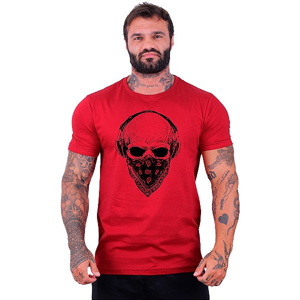 Camiseta Tradicional Masculina Manga Curta MXD Conceito Caveira Com Bandana