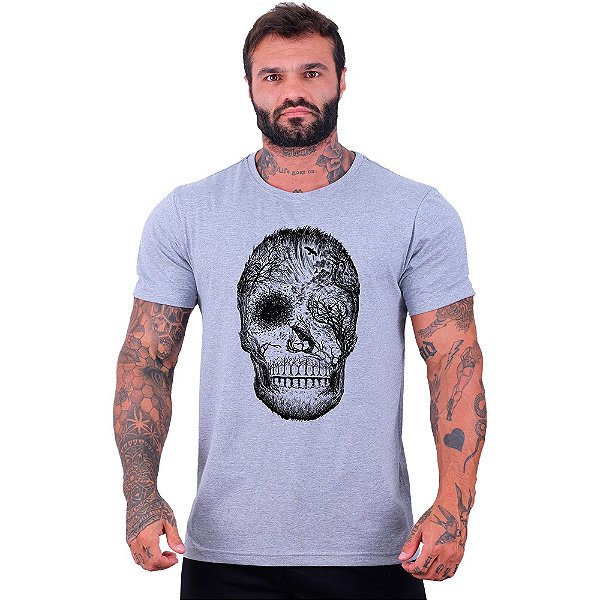 Camiseta Tradicional Manga Curta MXD Conceito Forest Skull Caveira Floresta Noturna