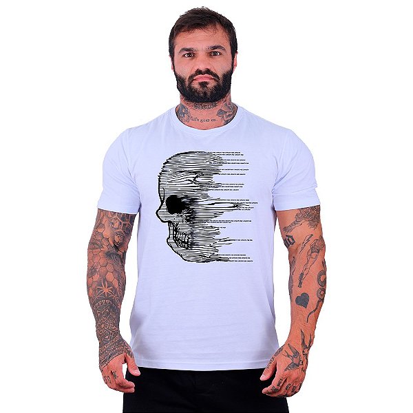 Camiseta Tradicional Masculina Manga Curta MXD Conceito Caveira Partículas Destruídas