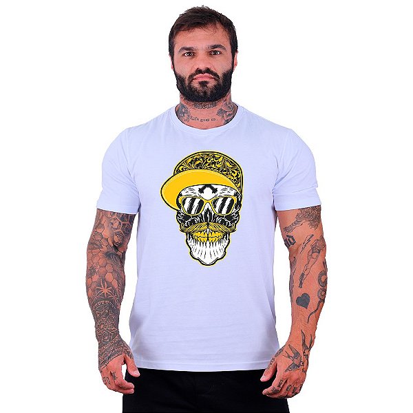 Camiseta Tradicional Manga Curta MXD Conceito Caveira Sorriso De Ouro