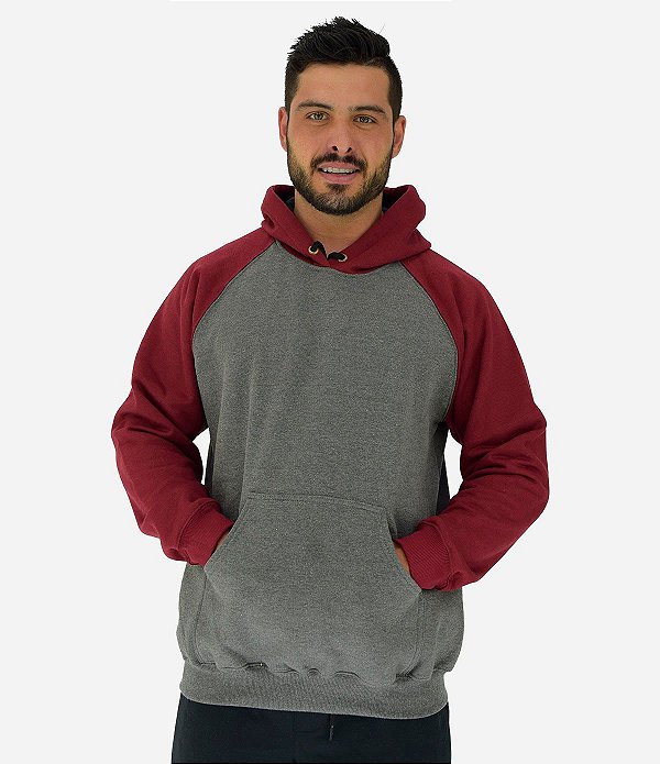Blusa Moletom Masculino MXD Conceito Com Touca Mescla Escuro Detalhes Bordo