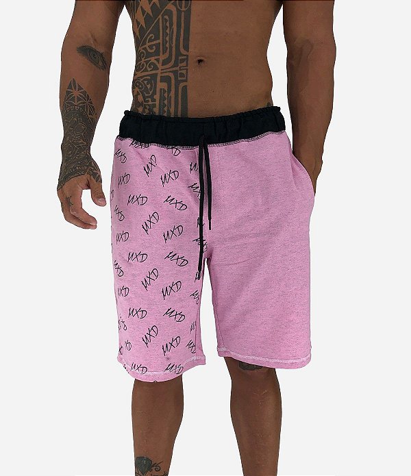 Bermuda Masculina Moletom MXD Conceito Estampado Lateral Rosa Mesclado
