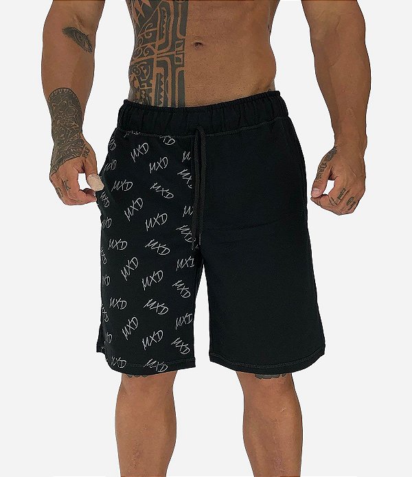 Bermuda Masculina Moletom MXD Conceito Lateral Estampada Preto