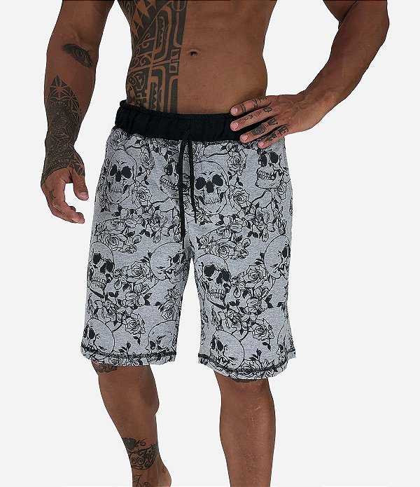 Bermuda Masculina Moletom MXD Conceito Caveira e Rosa Mescla Tradicional