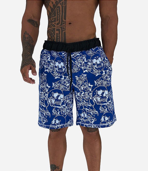 Bermuda Masculina Moletom MXD Conceito Caveira e Rosa Azul Royal