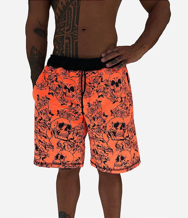Bermuda Masculina Moletom MXD Conceito Caveira e Rosa Laranja Flúor