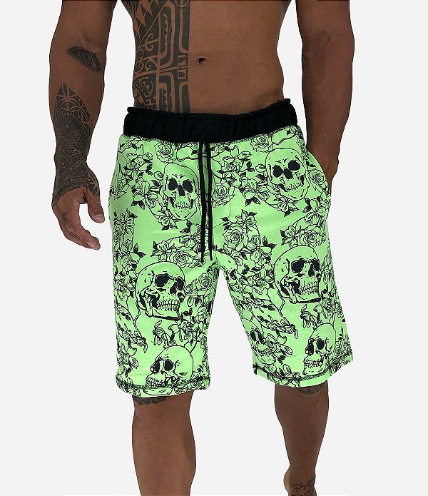 Bermuda Masculina Moletom MXD Conceito Caveira e Rosas Verde Flúor