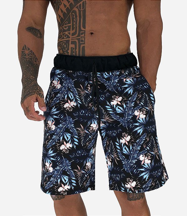 Bermuda Masculina Moletom MXD Conceito Azul Folhas e Flores