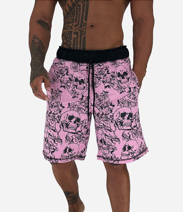 Bermuda Masculina Moletom MXD Conceito Caveira e Rosas Rosa Bebê