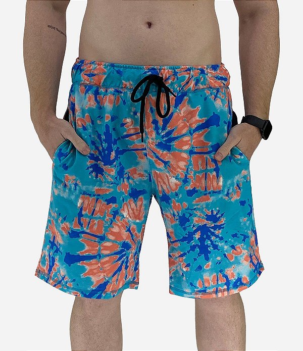 Bermuda Masculina Moletinho MXD Conceito Tie Dye Azul Escuro e Laranja