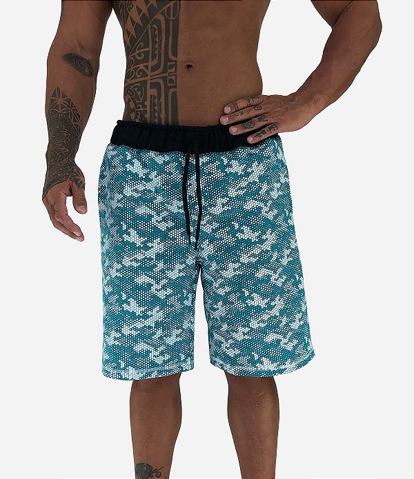 Bermuda Masculina Moletom MXD Conceito Camuflado Pontilhado Azul Turquesa