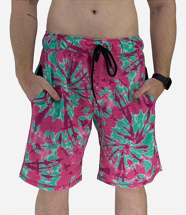 Bermuda Masculina Moletinho MXD Conceito Tie Dye Rosa Escuro e Verde Claro