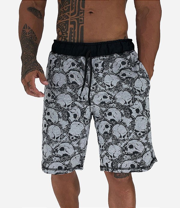 Bermuda Masculina Moletom MXD Conceito Caveira e Rosas Mescla tradicional