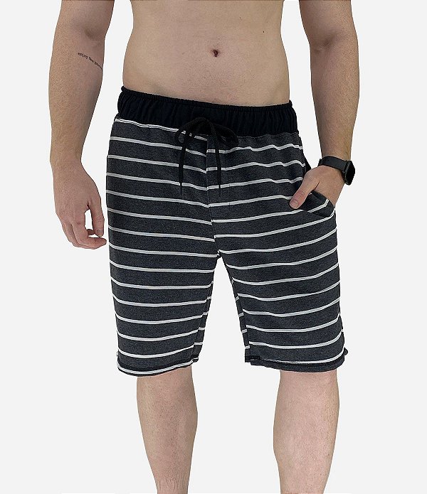 Bermuda Masculina Moletom MXD Conceito Cinza Claro com Listras Brancas