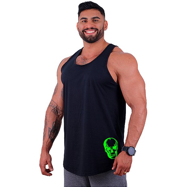 Regata Longline Masculina MXD Conceito Estampa Lateral Caveira Verde Flúor