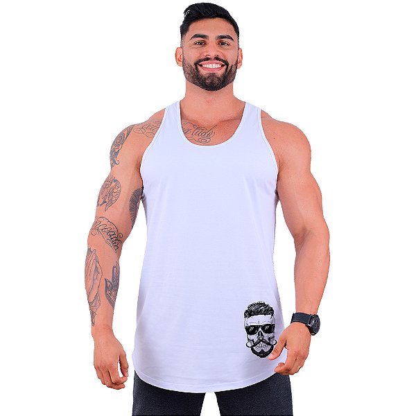 Regata Longline Masculina MXD Conceito Estampa Lateral Caveira Bigode e Topete
